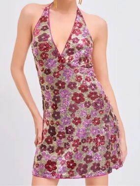 Sequin Halter Floral Mini Dress in Pink and Gold